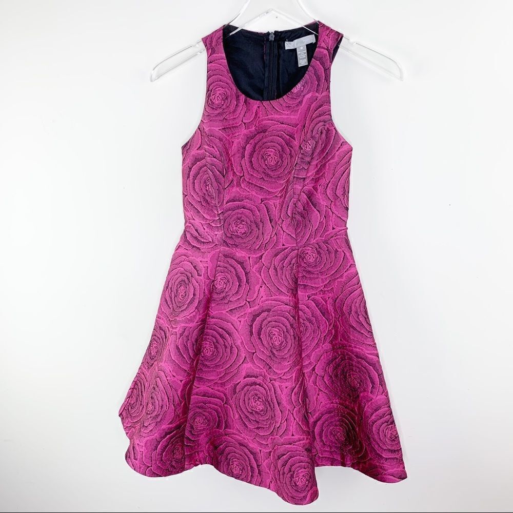 Aqua Brocade Magenta Rose Print Skater Dress EUC‎ Sz XS
